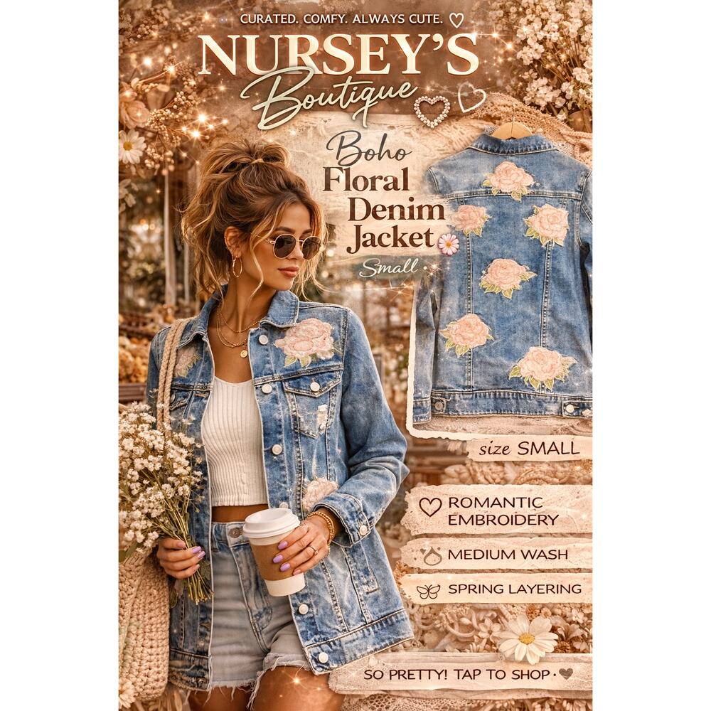 LuLaRoe Floral Embroidered Denim Jacket Small Boho Rose Jean Jacket